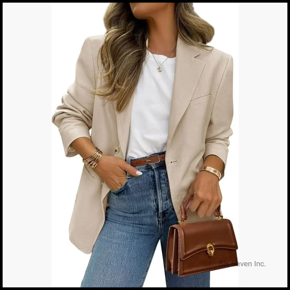 Long Sleeve Open Front Blazer with Pockets, Notch Lapel - Picture 1 of 7